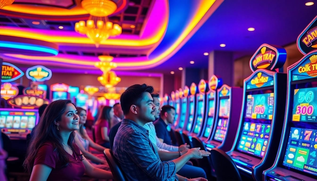 Engaged players enjoying Pg soft games in a vibrant casino atmosphere with colorful slot machines.