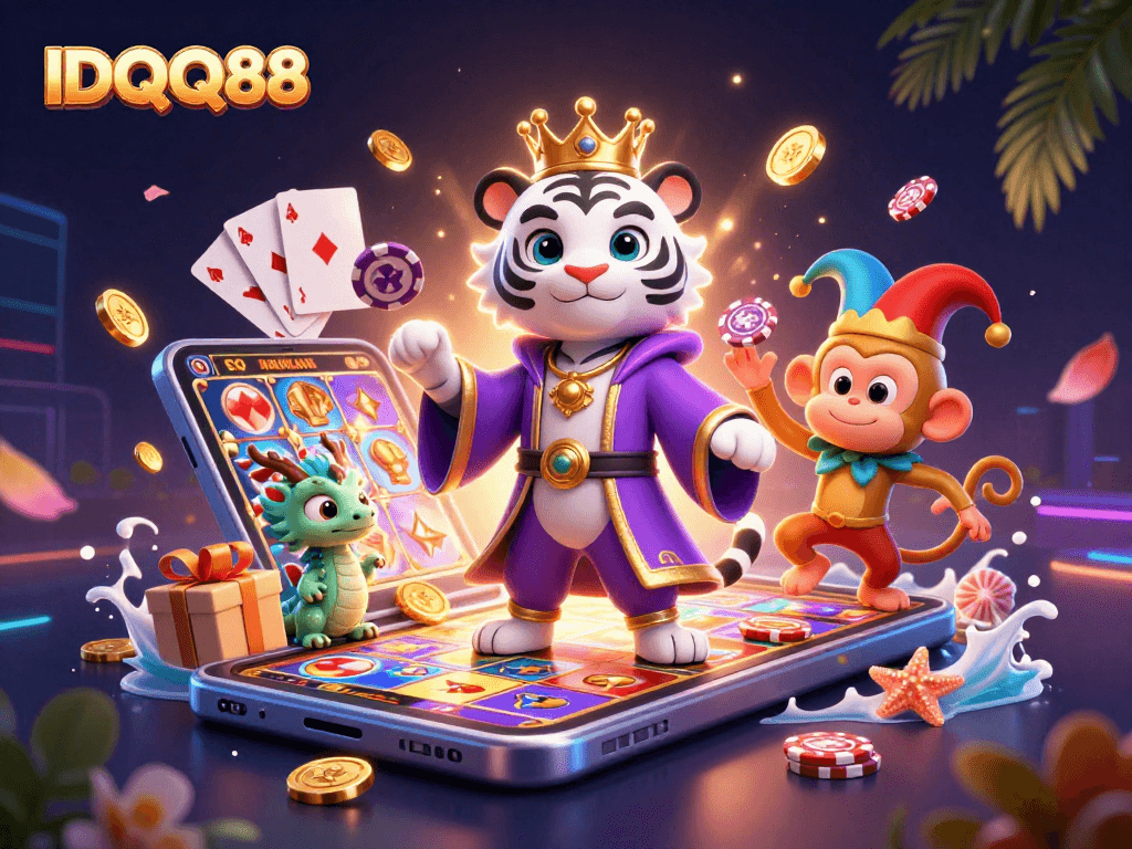 IDQQ88 brings a vibrant casino experience with colorful slot games and festive characters in an exciting atmosphere.