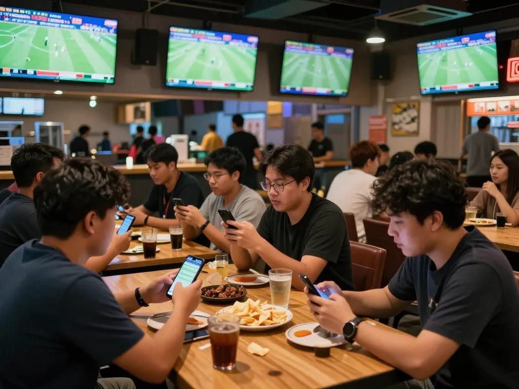 Xoilac fans enjoying live football matches while actively using betting apps at a vibrant sports bar.