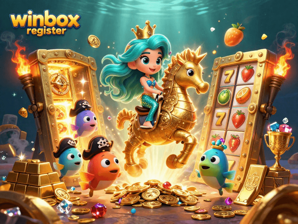 Winbox register a thrilling 3D illustration of a mermaid princess alongside slot reels and treasures.