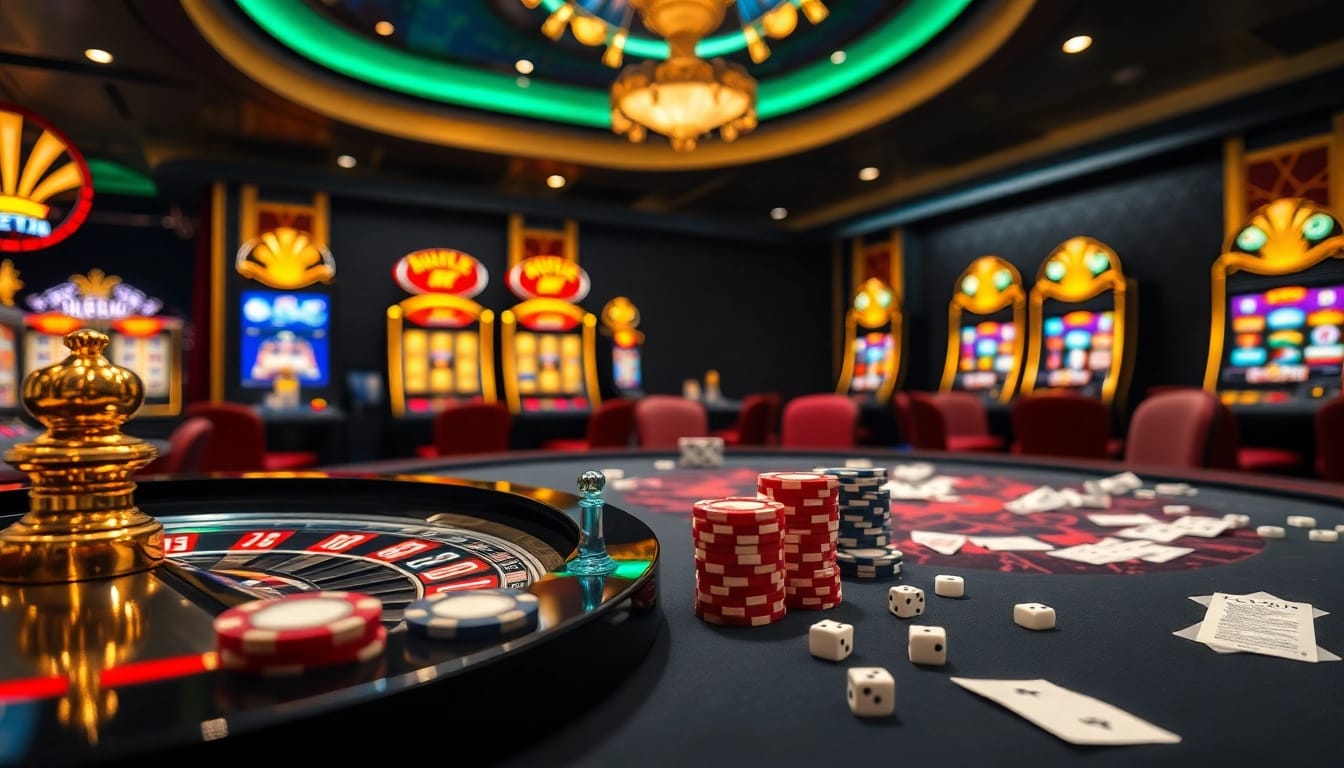Gamblers enjoying a high-stakes poker game at FB88, with roulette and vibrant casino atmosphere.
