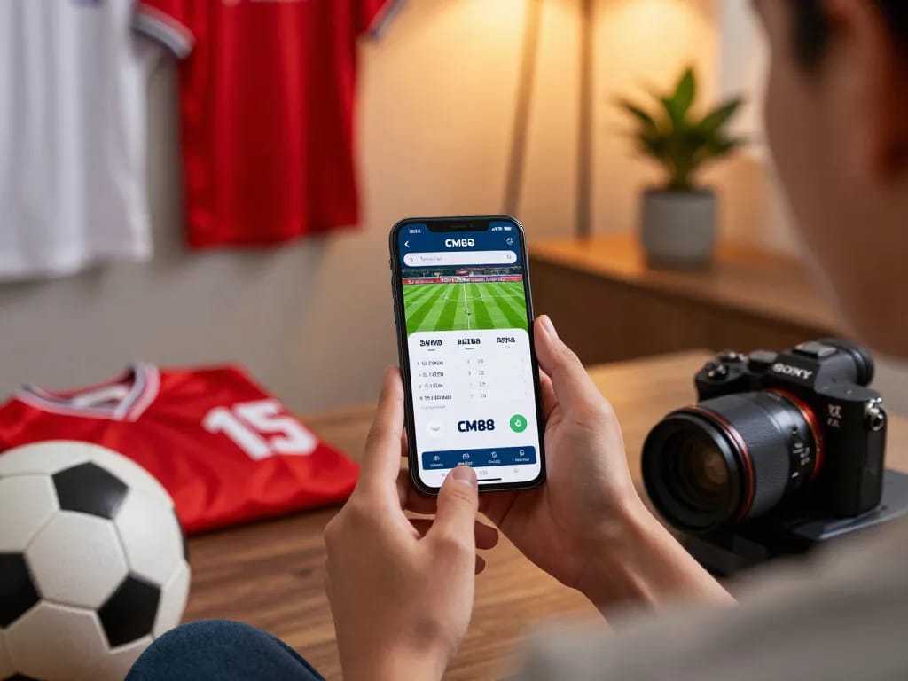 Engaging moment with CM88 sports betting app during live match, showcasing excitement and modern lifestyle.