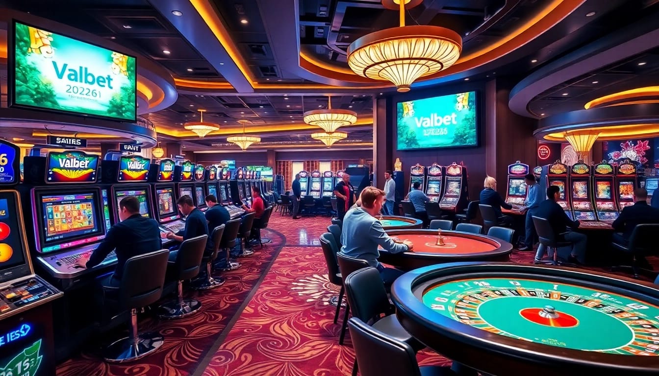 Valbet players enjoying an upscale gaming experience with slot machines and poker tables.