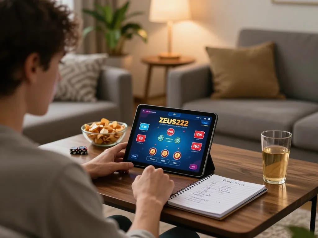 Players engaging with ZEUS222 poker game on tablet amidst a cozy home setting, focusing on strategy.