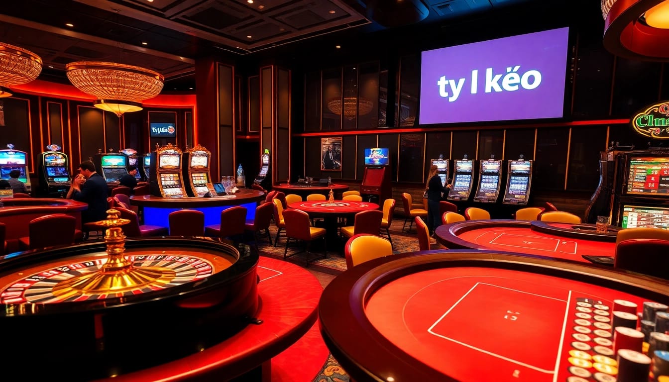 Exciting scene of a casino with ty le keo displayed, showcasing roulette and poker tables.