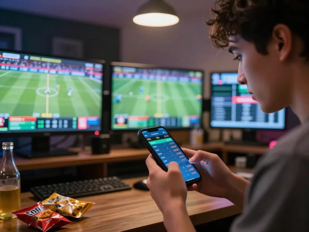 Person using alo8 app for live sports betting while surrounded by snacks and drinks.