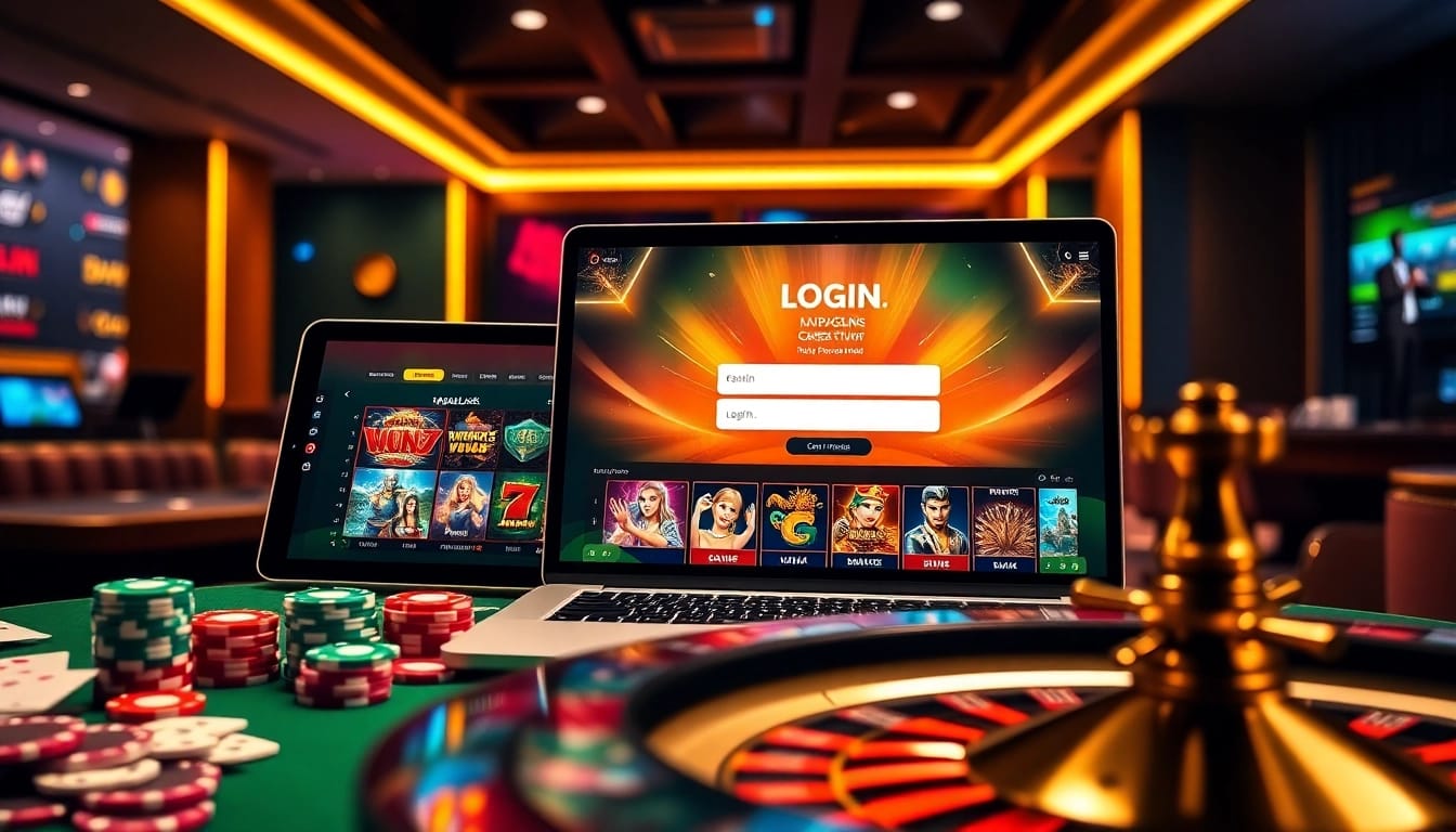 Rajaluck Login interface displayed on casino-themed devices with vibrant slot games.