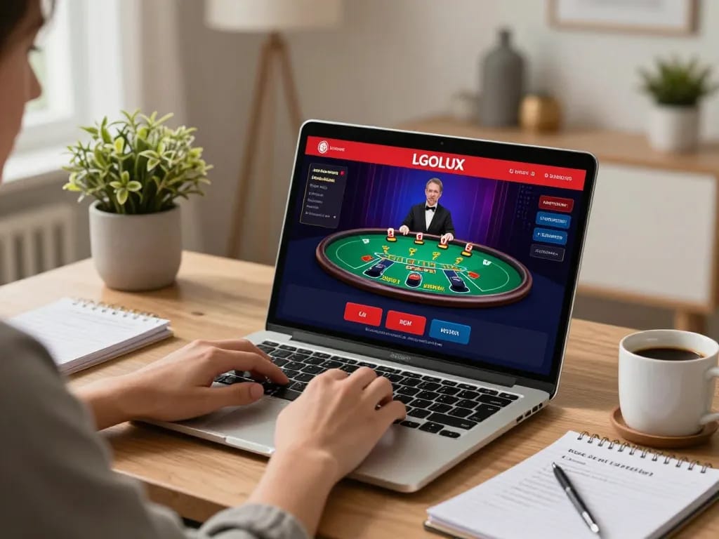 Player engaging in LGOLUX online gaming with live dealer, showcasing a vibrant and modern home setup.