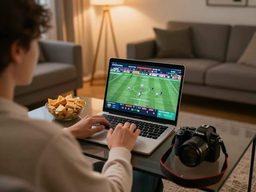 Engaging in online sports betting on BK33 from a cozy home environment with a laptop, highlighting live game interaction.