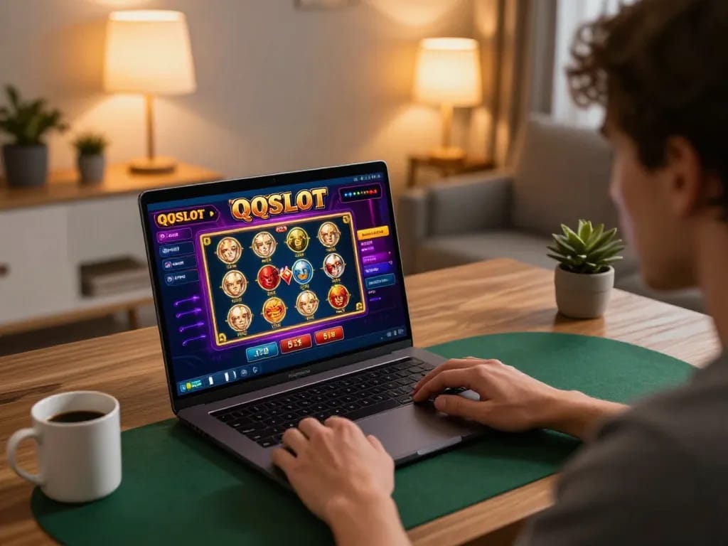 Engaging online gambling session at QQSLOT, showcasing a person strategizing with vibrant gameplay.