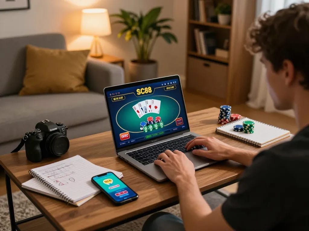Engaged player using SC88 on laptop for a poker game in a cozy home environment