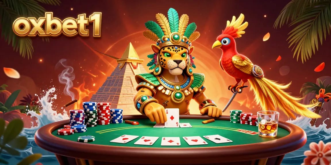 Play thrilling poker at oxbet1 with a colorful Mayan-themed 3D casino illustration.