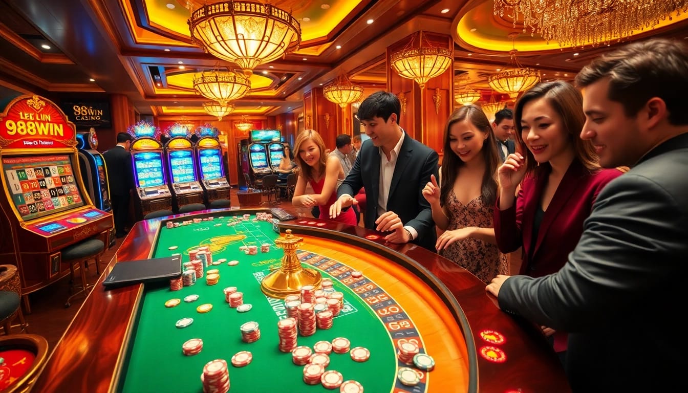 Gamblers celebrating wins at a luxurious casino featuring 98WIN's vibrant atmosphere and games.