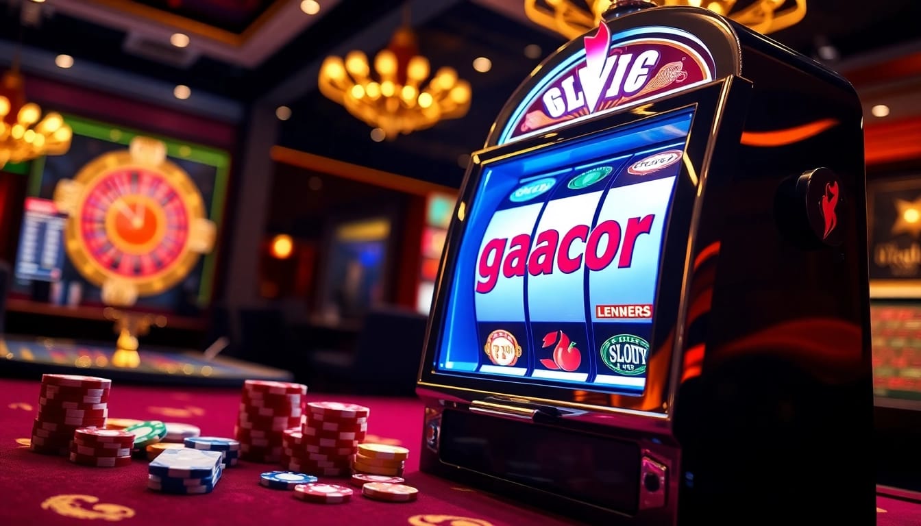 Engaging slot gacor machine surrounded by poker chips and roulette in a luxurious casino setting.