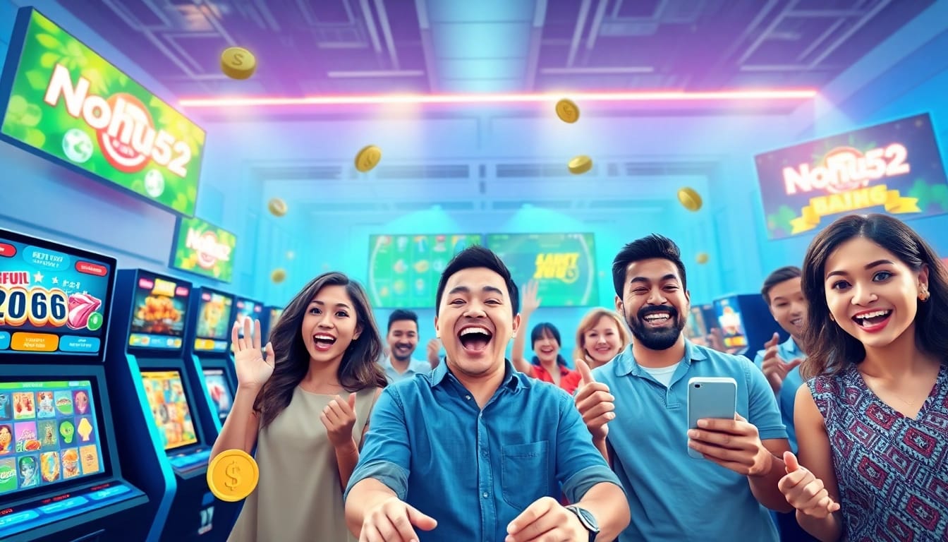 Nohu52 online gaming experience showcasing diverse players enjoying vibrant slot machines and sports betting.