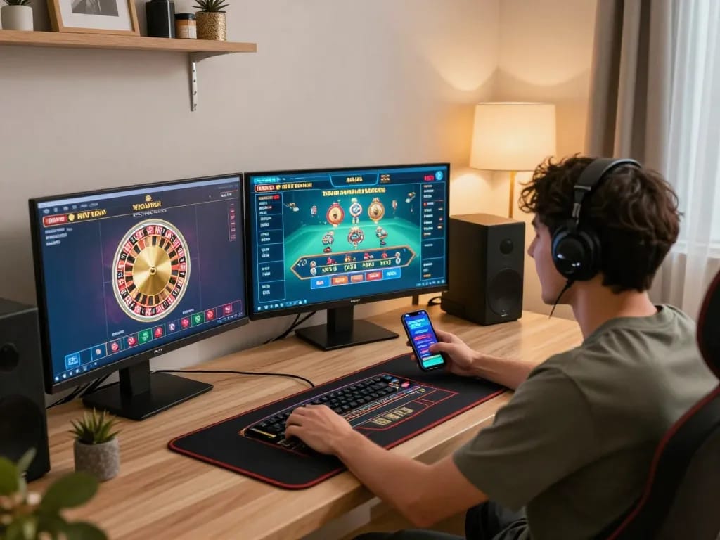 Player engaging with 8KBET on multiple screens in a cozy gaming setup, highlighting online casino excitement and strategy.