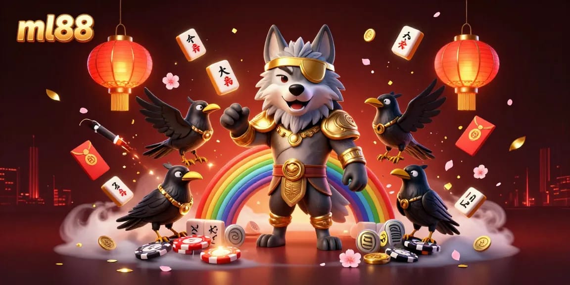 ml88 showcases a dynamic illustration of a fantasy casino scene featuring Odin and mythical ravens, enhancing entertainment.