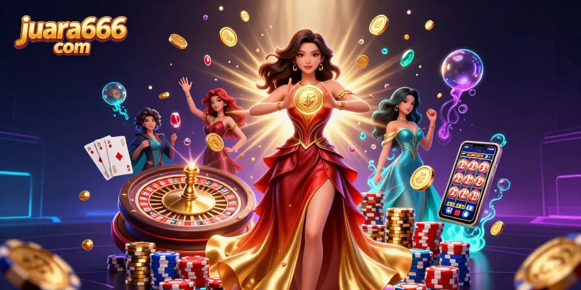 Rasakan kemenangan berputar di juara666 com dengan ilustrasi menakjubkan yang menampilkan koin, kartu, dan elemen permainan yang cerah.