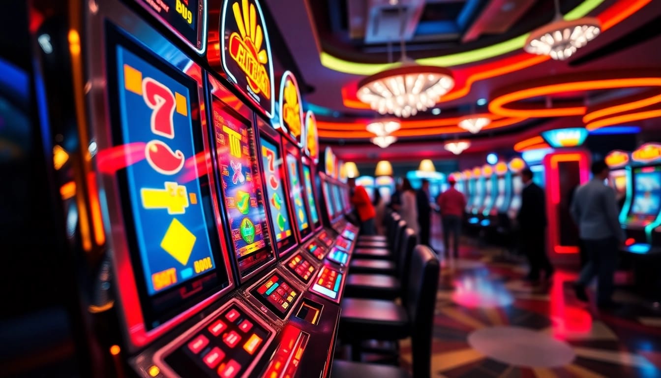 Slot mesin kasino yang menarik dengan layar penuh warna dan suasana ceria.