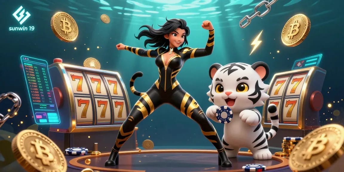 Engage with sunwin 19 in a vibrant 3D casino illustration showcasing thrilling slots, crypto elements, and captivating characters.