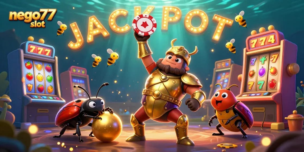 Win big with nego77 slot in this exciting cartoon illustration of a beetle champion amidst vibrant casino elements.