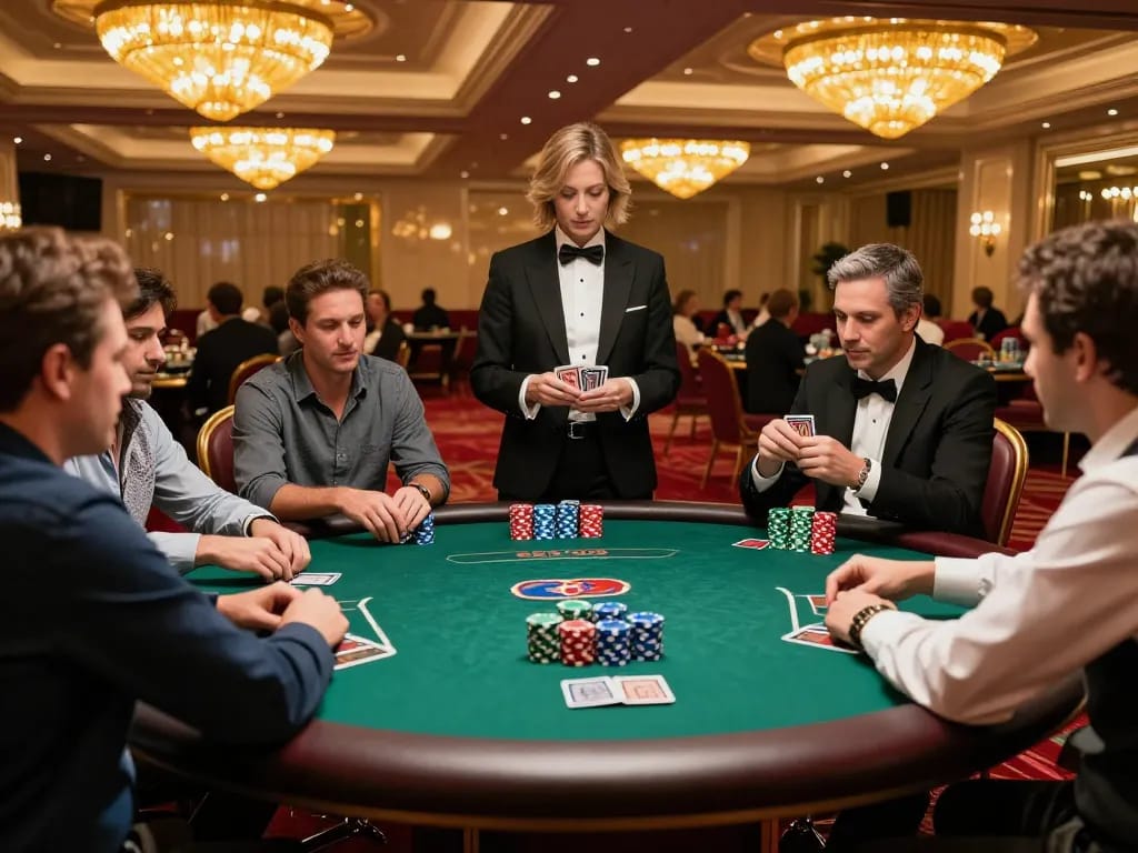 Players strategizing with VSBET poker chips in an upscale casino setting.