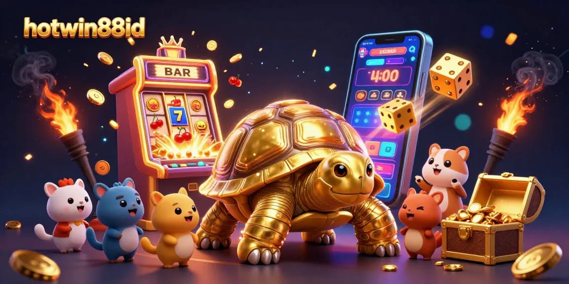 Experience excitement with hotwin88id's animated casino scene featuring a golden tortoise and slot machines.
