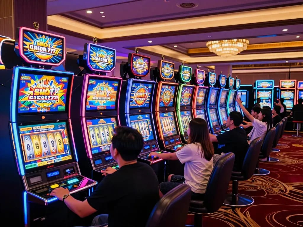 SLOT GACOR 777 players enjoying vibrant slot machines in a lively casino environment.