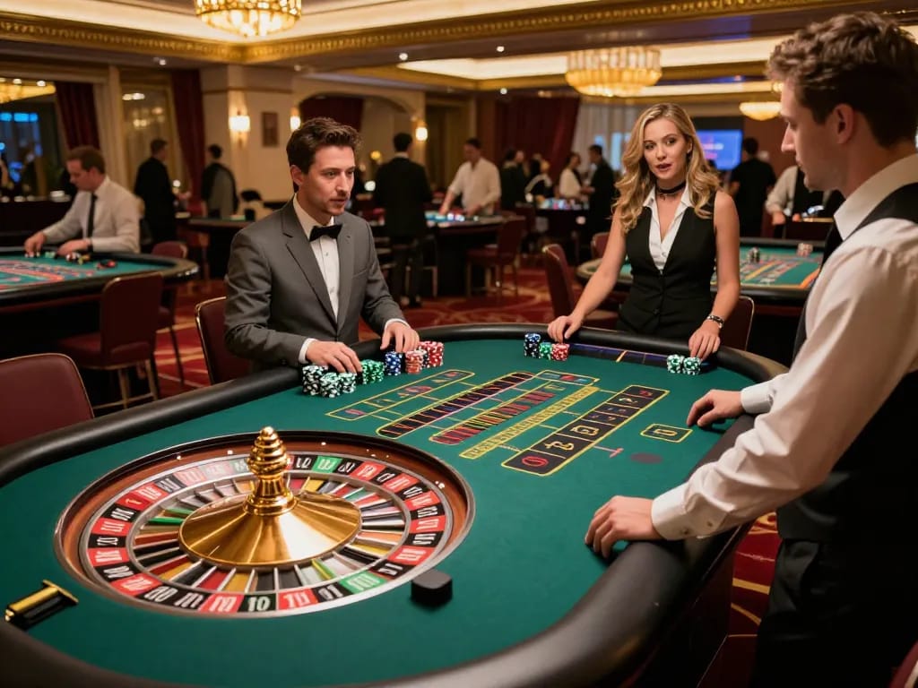 Players engaging at a vibrant roulette table in FLY 88 casino atmosphere, showcasing luxurious gaming.