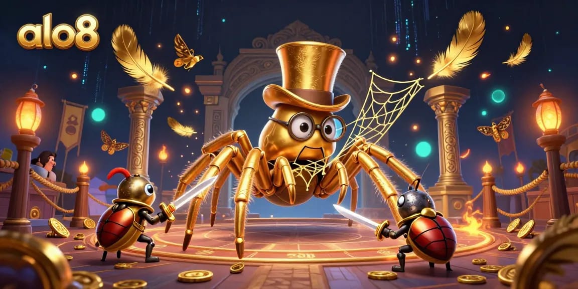 Play and win with alo8 in this vibrant, detailed casino scene featuring unique characters.
