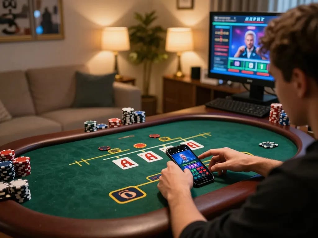 A player engaging with the LLWIN app for live poker, demonstrating strategic betting and immersive gaming experience in a modern setting.
