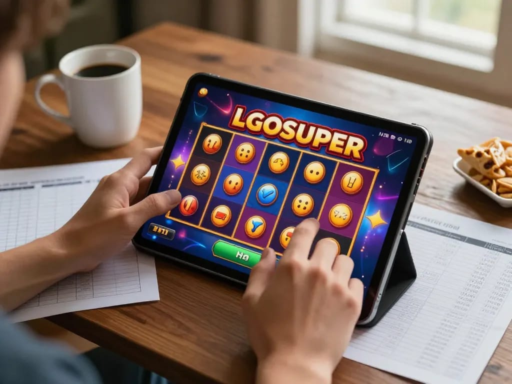 Engaging in a thrilling LGOSUPER slot game on a tablet, showcasing vibrant reels and home atmosphere.