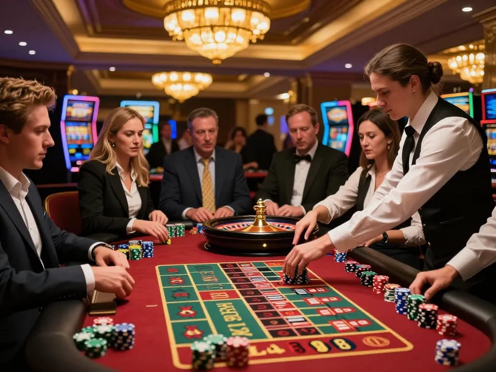 Fun79 players placing bets and celebrating wins at a lively roulette table in a vibrant casino scene.