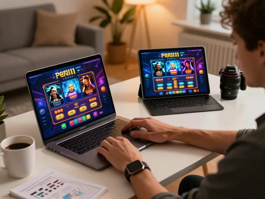 Engaged player enjoying PERI11 online gaming from a modern home setup, highlighting strategic gameplay.