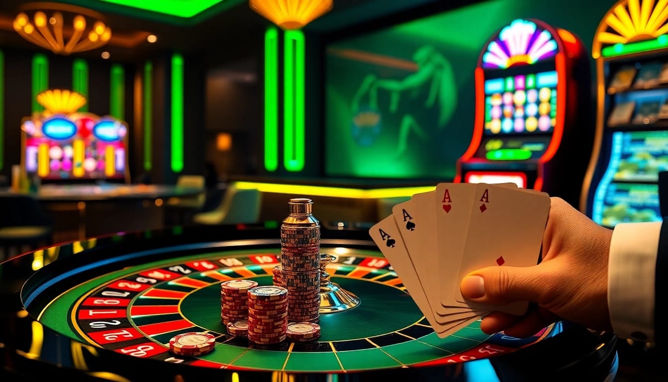 Situs11 showcases an exciting casino scene with a roulette table, poker cards, and glowing slot machine.