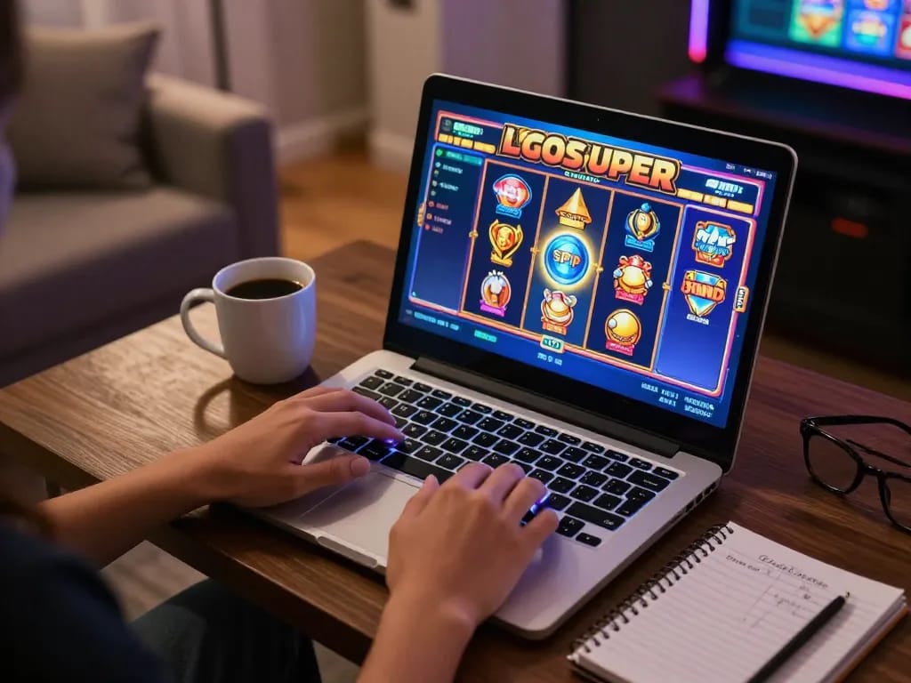 Engaging with LGOSUPER online slots from a cozy living room, highlighting dynamic gameplay