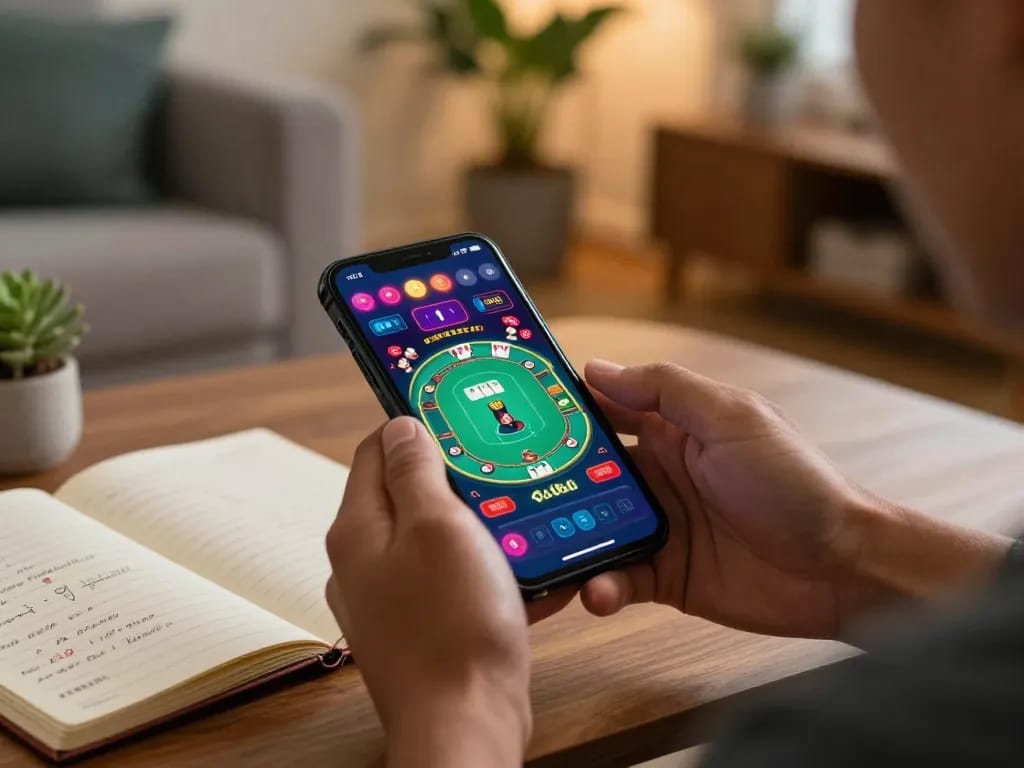 Engaged user enjoying a sure win strategy while playing online casino on smartphone in cozy setting