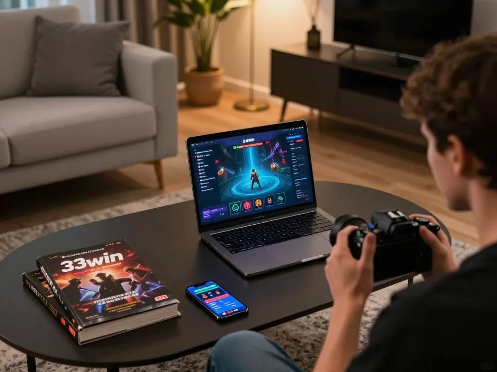 Engaging in online gaming at trang chủ 33win with a laptop and betting app in a cozy setup.