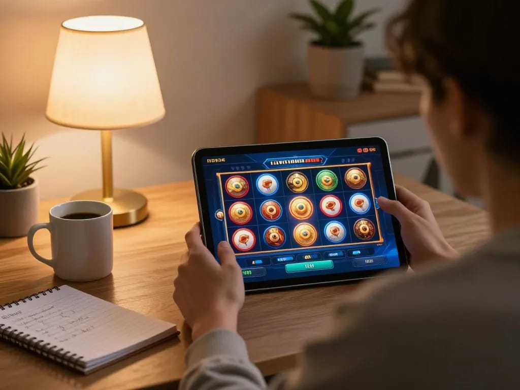 Engaging user enjoying IDCWIN88 slot games on tablet in a cozy home setting