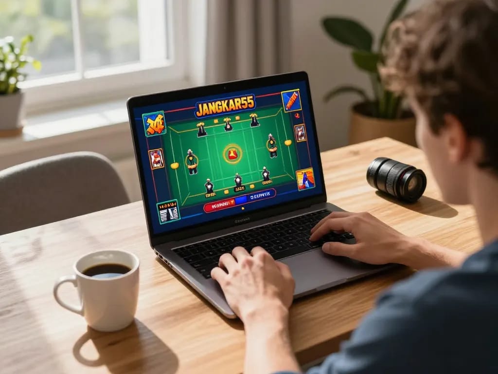 Engaging online gaming experience on JANGKAR55, showcasing live gameplay on a laptop, vibrant and inviting setup.