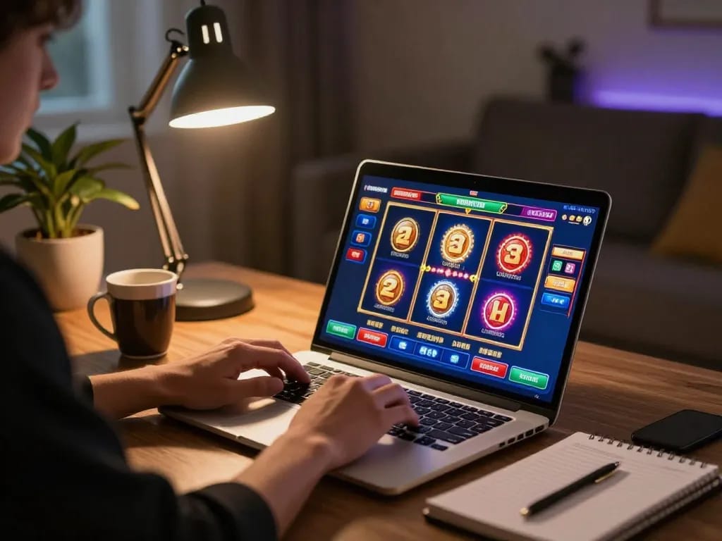 IDNSCORE slot games displayed on a laptop during a cozy home gaming session.