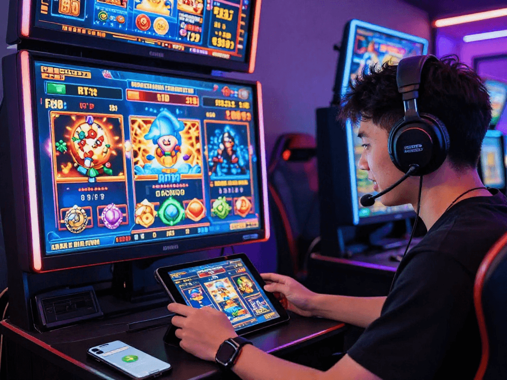 Player in vibrant online gaming atmosphere exploring rtp slot hari ini on tablet, surrounded by colorful slot game graphics.