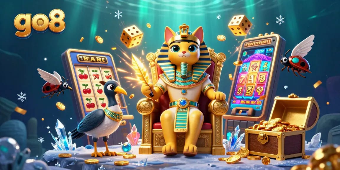 Engage with go8's thrilling 3D casino scene featuring vibrant slot machines and dynamic characters.