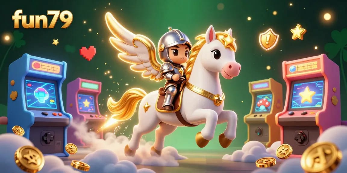 Experience fun79's enchanting gaming world with a celestial knight amidst vibrant arcade elements!