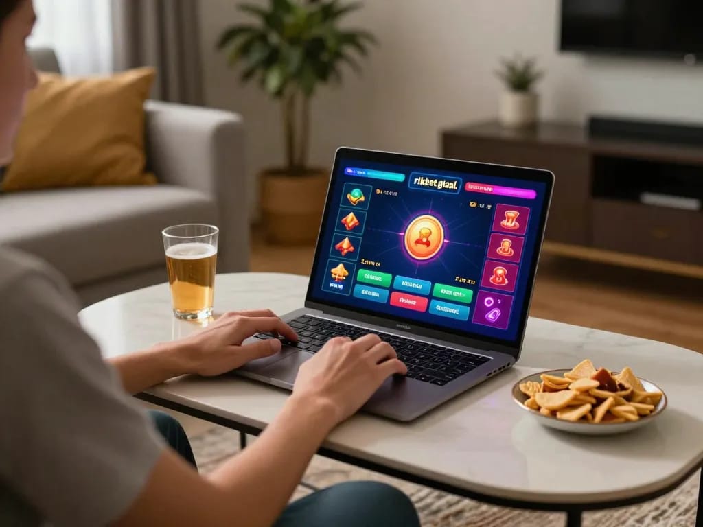 Engaging with online casino gameplay at https://rikbet.global/ from a cozy home setup, showcasing vibrant betting interface.
