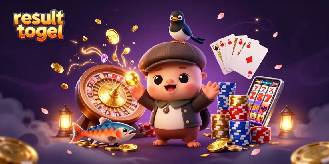 Adegan hasil togel yang menarik menampilkan kartun Nessie dengan elemen keberuntungan di suasana kasino yang cerah.
