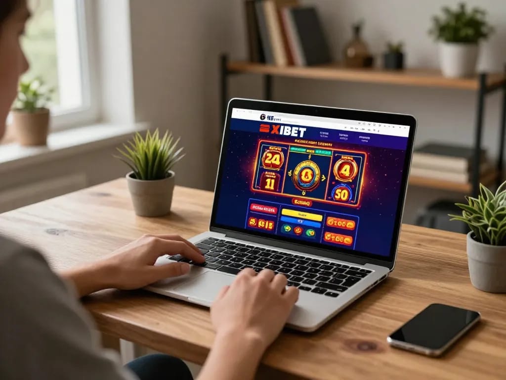 XIBET user engaged in online casino gaming at home with vibrant screen and cozy atmosphere.