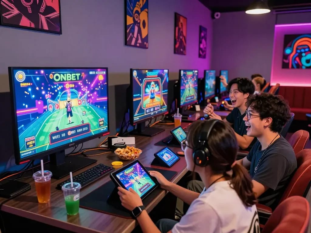 Join friends in an exciting Onbet Casino gaming lounge, vibrant lights and laughter surround.