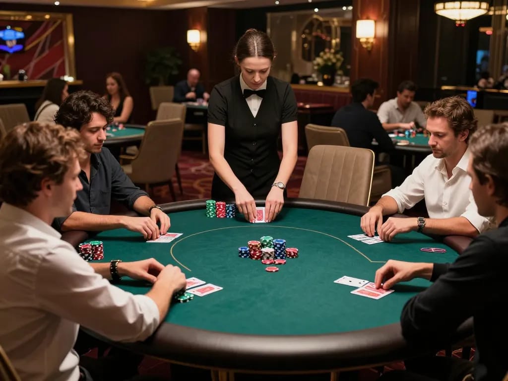 Players at nhà cái vua 88 in an upscale casino poker game, capturing intense strategy and engagement.