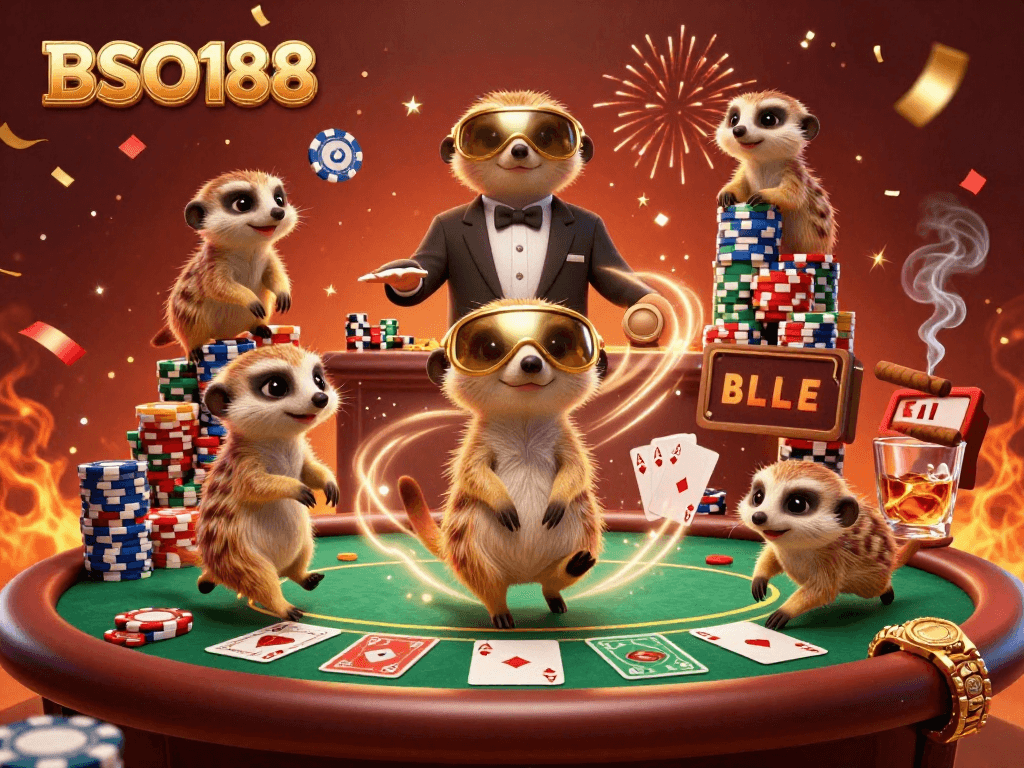 Engage in thrilling poker action with BSO188's vibrant meerkat casino scene featuring golden visors and massive chip towers.